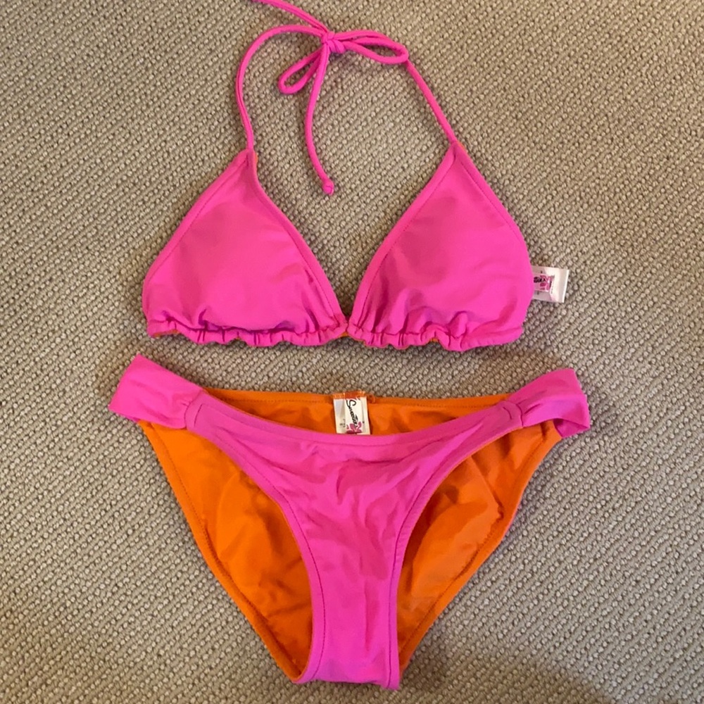 Neon Pink and Orange Reversible Bikini (XS)